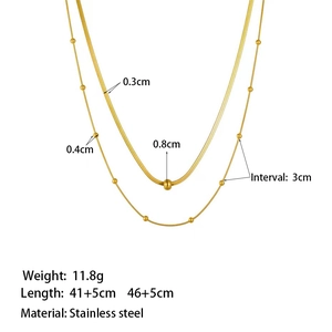 Gold double-layered stainless steel necklace featuring snake and bead chains with measurements
