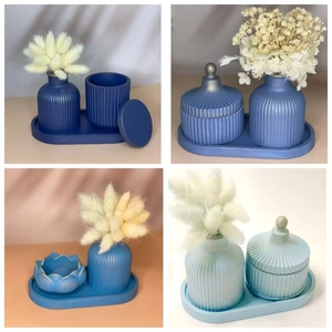 Modern striped resin molds set for lotus candle holders and vases with matching trays