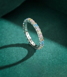 Macro shot of colorful eternity band in 925 sterling silver with multi-colored gemstones
