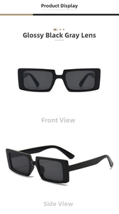Square black sunglasses with gray lenses in front and side views for UV protection