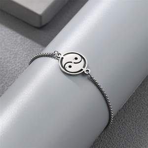 Adjustable silver stainless steel Tai Chi Yin Yang pendant bracelet with a sleek box chain