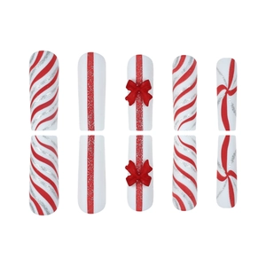 Christmas press-on nails with red bows, glitter lines, and candy cane striped designs