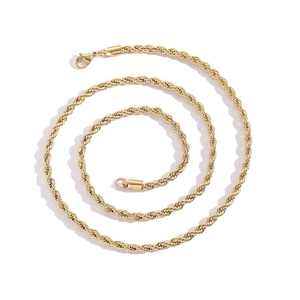 Detailed view of golden stainless steel rope chain showing twisted texture and lobster clasp