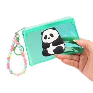 Cute green panda transparent PVC square coin purse with colorful bead chain handle