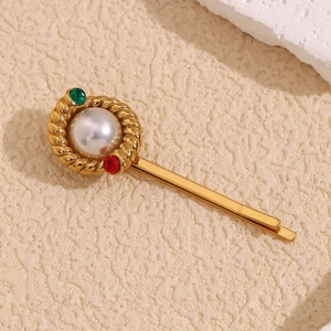 Vintage 18K gold plated stainless steel twist hair clip with large pearl and gemstones