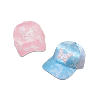 Kids sequin butterfly baseball cap in pink and blue satin with butterfly prints