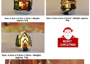 Detail of miniature Christmas resin houses with glowing LED lights and snowy texture