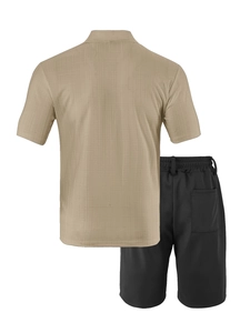 Detail of khaki waffle texture polo shirt and black mesh shorts set for men