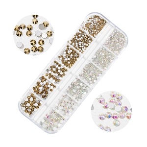 Flatback glass nail art rhinestones set in 12-slot storage box with gold and AB colors