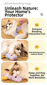 Gioco di peluche viola per gatti che mostra scene di gioco, masticazione e riposo
