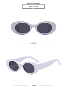 Front and side views of vintage oval white frame sunglasses with dark black lenses