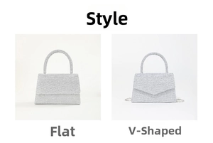 Detail view of silver sequin evening bags with flat and V-shaped flap designs
