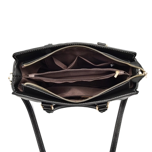 Top view of large black embossed tote with contrast stitching and multi-pocket interior