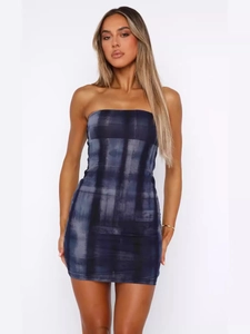Women Abstract Print Strapless Bodycon Mini Dress Ruched Tube Top Sexy Nightclub Party Polyester Spandex