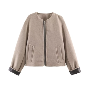 Veste Courte En Laine Pour Femmes Avec Bordure Effet Cuir Col Rond Fermeture Éclair Manches Longues