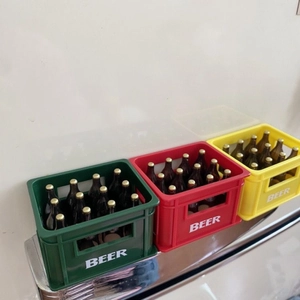 Creative miniature beer crate fridge magnet and bottle opener in red, green, and yellow