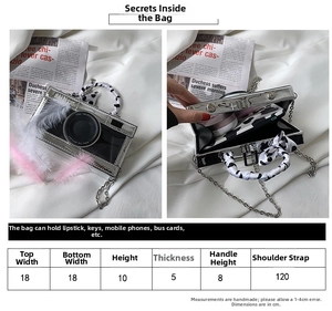 Detail view of silver camera-shaped bag capacity and size specifications in cm