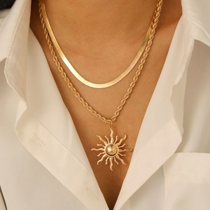 Collana a Doppio Strato con Ciondolo a Sole Boémien Lega Strass Perla Artificiale Oro Argento Gioielli per Donna Uomo