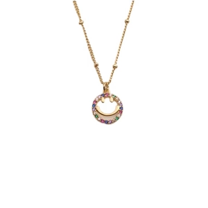 Fashion gold plated necklace featuring a round smiley pendant with colorful zircon stones