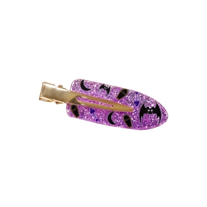 Halloween purple sequin hair clip with black bat, moon and RIP coffin motifs