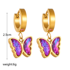 Gold-plated titanium steel butterfly earrings with gradient purple crystal pendants