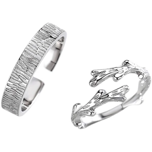 Minimalist silver vine and bark textured open couple rings with adjustable branch design