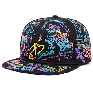 Black graffiti snapback cap with colorful street art patterns and urban style print