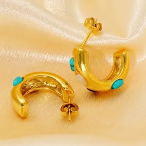 Retro C-shape gold-plated titanium earrings with multi-color oval gemstones on silk