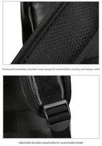 Detail of padded breathable mesh shoulder straps and adjustable buckle on black backpack