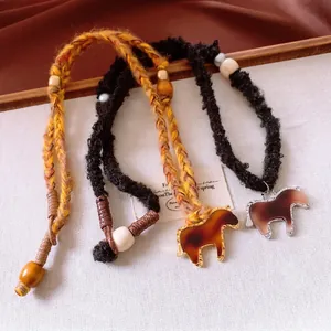 Handmade Woven Rope Horse Pendant Necklace Vintage Bohemian Sweater Chain With Wood Beads Resin Alloy For Women