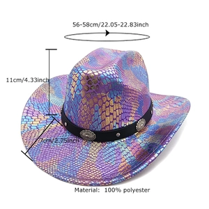 Colorful holographic snake pattern cowboy hat with silver buckles and size measurements