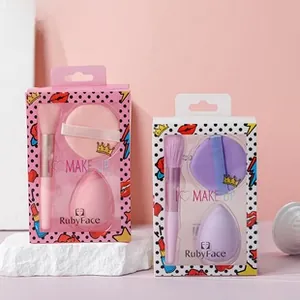 Detailed view of RubyFace beauty blender set with makeup brush and sponge puff