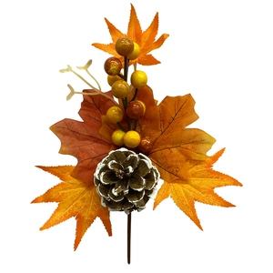 Autumn maple leaf branch with pine cone and yellow berries for festive decoration