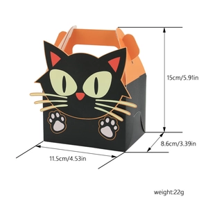Halloween black cat gift box dimensions 11.5x8.6x15cm with orange accents on white background