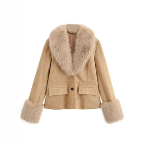 Faux Suede Jacket Women With Faux Fur Collar And Cuffs Retro French Style Lapel Elegant Warm Outwear
