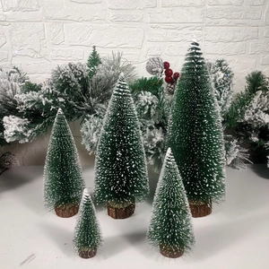 Mini snowy Christmas tree set with 5 flocked pine trees and rustic wood bases