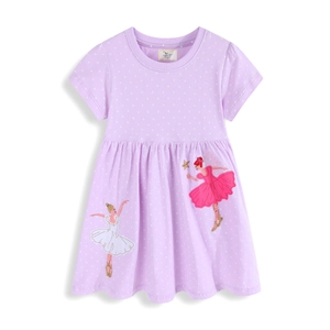 Robe En Coton À Manches Courtes Pour Filles Avec Applique De Danseuse De Ballet Imprimé À Pois Col Rond Style Princesse D'été