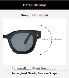 Close-up of black oval sunglasses featuring stylish rivets and polished frame finish