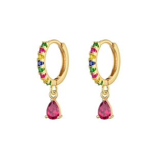 Boucles d'oreilles créoles dorées serties de zircons colorés et pendentif goutte rouge