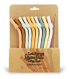 Detailed set of 8 colorful silicone straws and cleaning brush in eco-friendly packaging