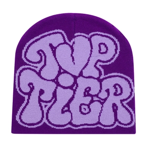 Detail of Top Tier purple knitted beanie showing soft jacquard fabric texture