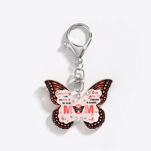 Close-up of butterfly acrylic keychain with Mom engraving and lobster clasp detail