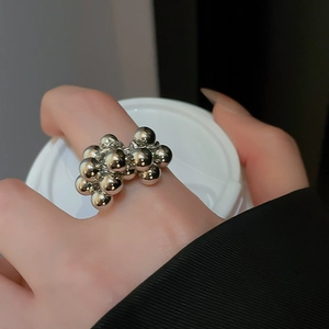 Macro shot of an irregular silver cluster ring with micro spheres in a stylish design
