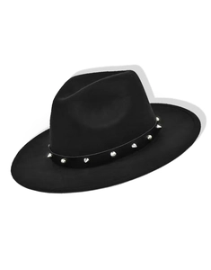 Detail of black fedora hat with silver cone studs on decorative band in punk style
