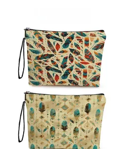Detailed pattern display of colorful feather and ethnic prints on zippered makeup bags