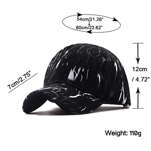 Shiny black baseball cap with silver sequin pattern and adjustable size measurements