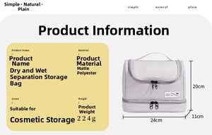 Detailed view of dry-wet separation travel bag showing 24x20x11cm dimensions and gray fabric