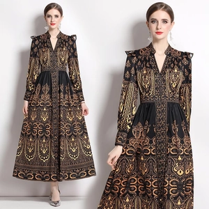 Vintage Baroque Paisley Print Chiffon Maxi Dress V Neck Button Up Long Lantern Sleeve Bohemian Retro Court Style Women
