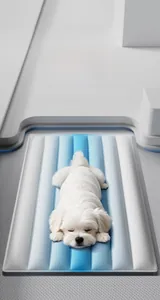 Close-up of small white dog lying on striped cooling gel mat for pets in summer