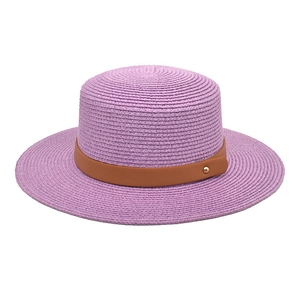 Flat top lavender straw sun hat with brown faux leather band and golden metal buckle